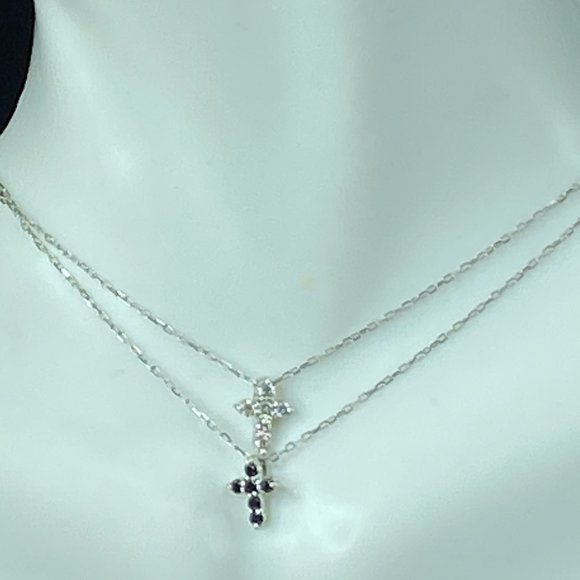 10K 0.30ct natural White & Black Diamond Double Crosses Strands necklace 1.8gm